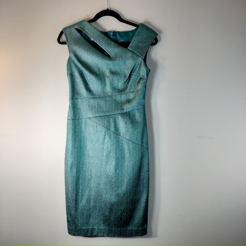 Kay Unger New York Metallic Teal Asymmetrical Cutout Sheath Cocktail Dress‎ 6